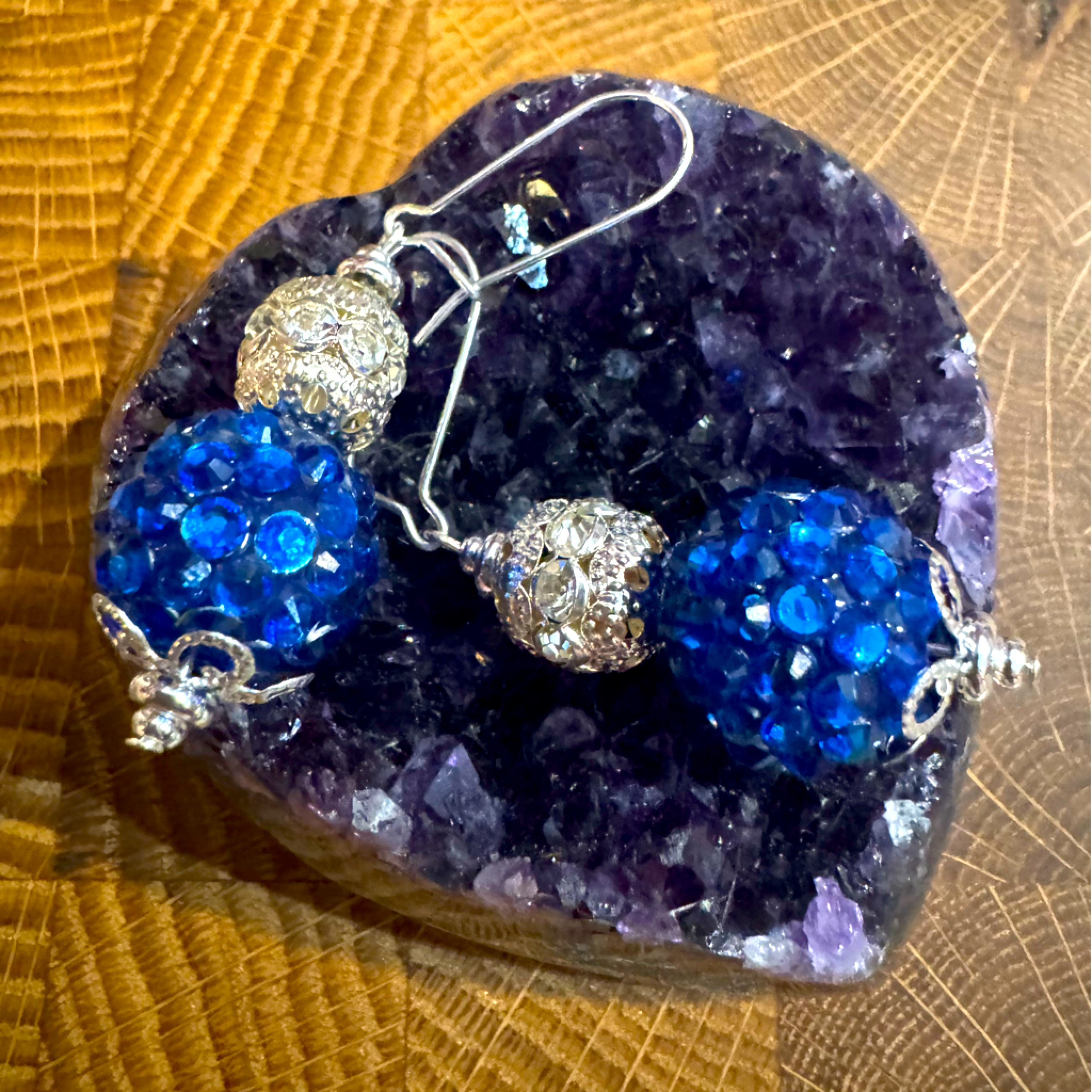 New Hand Crafted Blue Disco Ball & Silver Filigree Rhinestone Earrings